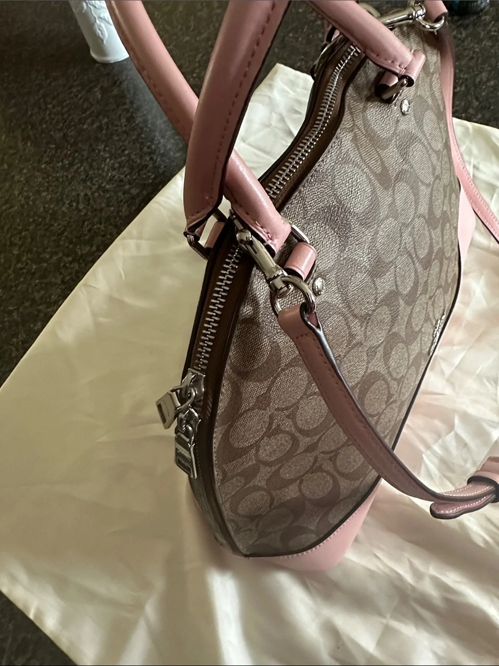 Coach Sierra Pink Trim Brown Signature Dome Satchel F27584 - Picture 3 of 13